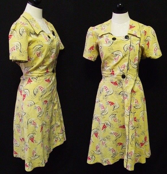 30s 40s VIBRANT Yellow RED PUFF SLEEVE Vintage Dress XL  