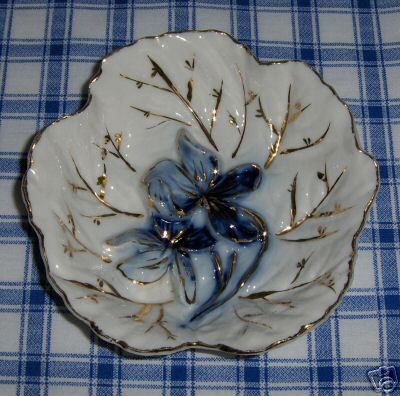 Vintage Decorative Blue Floral Bowl Dish Gold Trim NICE  