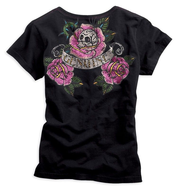 Harley Davidson Womens Stunning Black Skull Roses S M XL T Shirt FREE 