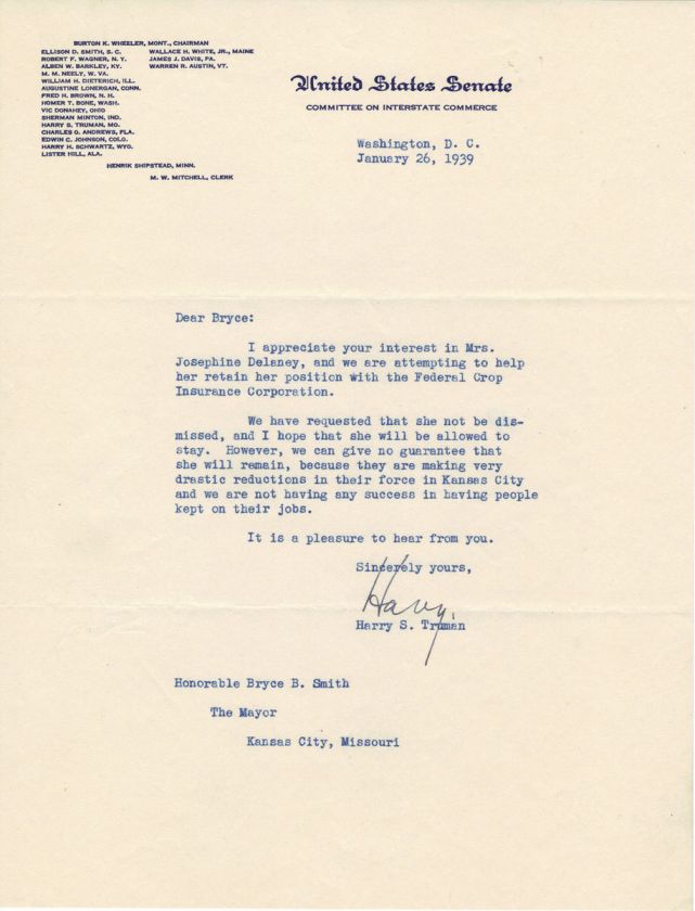 Harry Truman SIGNED TLS Letter 1939 U.S. Senate  